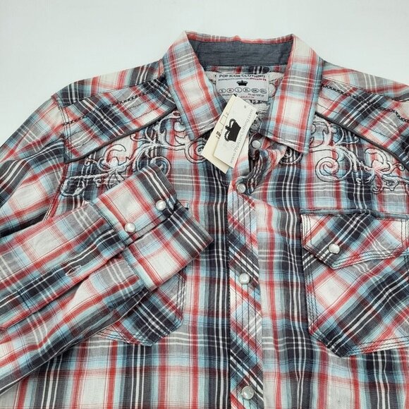 The Buckle Pearl Snap Shirt Mens Medium Red Blue‎ Plaid Icon Western Embroidered - Picture 3 of 11